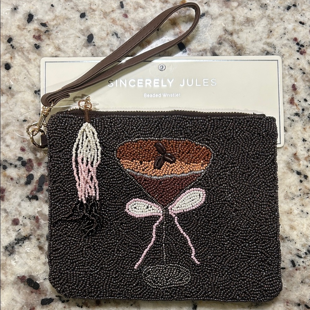 Sincerly Jules Espresso Martini Brown Beaded Wristlet with Pink Accents
